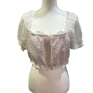 Sparkly Crop Top L, White - Ruffles cottagecore boho